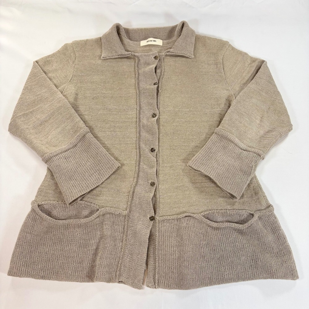 Setsuko Torii Japan 100% Linen Knit Cardigan Sweater Tan Beige Pocket Button - Picture 1 of 9